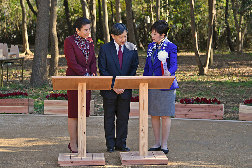 Their Imperial Highnesses the Crown Prince and Crown Princess of Japan receive an explanation from Governor Koike outdoors